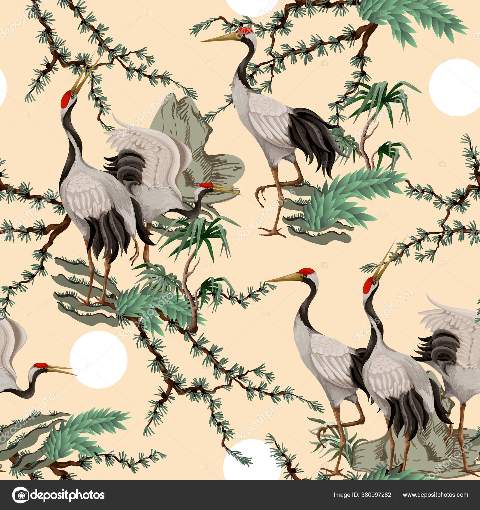 Seamless pattern with Japanese white cranes. Oriental wallpaper. Stock ...