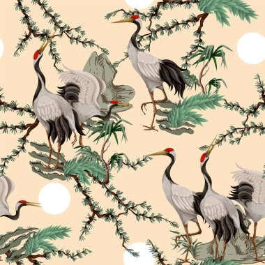 Japon beyaz turnalarıyla kusursuz desen. Doğulu duvar kağıdı.