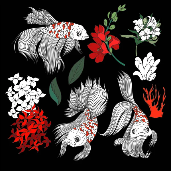 Peces y flores en estilo gráfico aislados. Vector . — Vector de stock