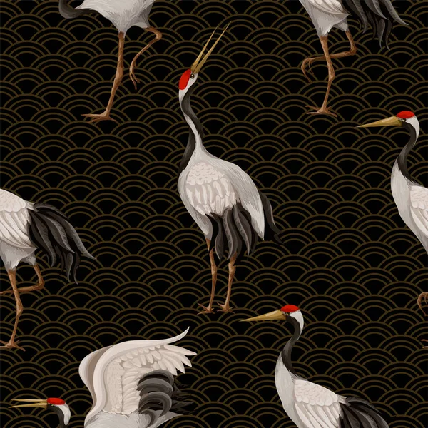 Seamless pattern with Japanese white cranes. Oriental wallpaper. — Stock Vector