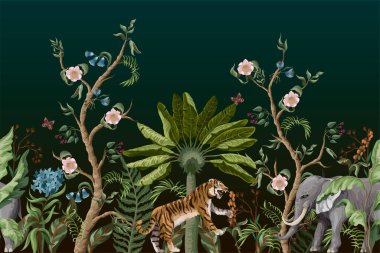 Çin usulü şakayık çalıları ve kaplanları olan bir sınır. Vektör.