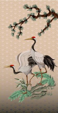 Beyaz vinçlerle porselen ekran katlama. Vektör.