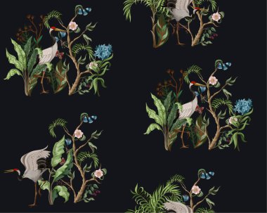 Şakayık çalıları ve turnalarla Çin usulü kusursuz bir desen. Vektör.