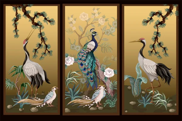 Pantalla plegable en estilo chinoiserie con grúas blancas. Vector . — Vector de stock