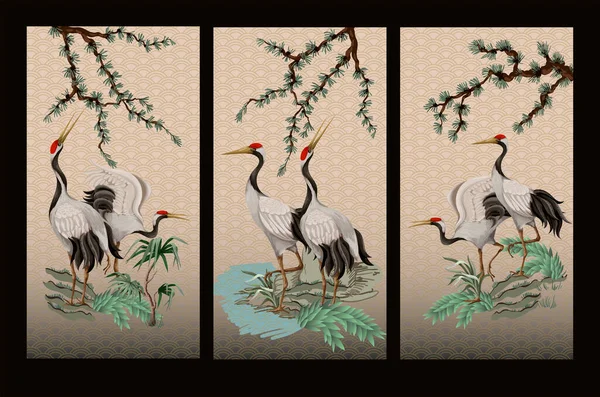 Pantalla plegable en estilo chinoiserie con grúas blancas. Vector . — Archivo Imágenes Vectoriales