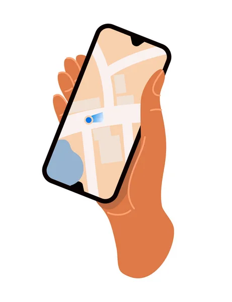 手は、道を示すナビゲーター付きのスマートフォンを保持します。ベクトル漫画フラットイラスト. — ストックベクタ