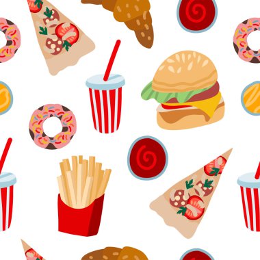 Hamburger, çörek ve kola gibi fast food ile kusursuz bir düzen. Vektör çizgi film düz illüstrasyon