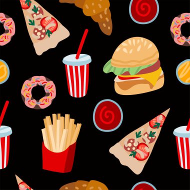 Hamburger, çörek ve kola gibi fast food ile kusursuz bir düzen. Vektör çizgi film düz illüstrasyon