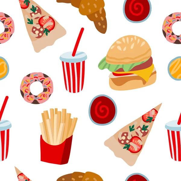 Seamless pattern with fast food such as hamburger, donuts and cola. Vector cartoon flat illustration