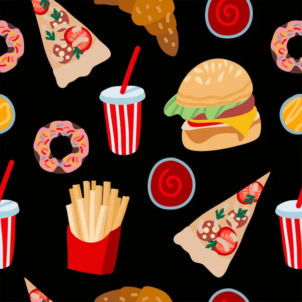 Seamless pattern with fast food such as hamburger, donuts and cola. Vector cartoon flat illustration