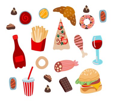 Hamburger, çörek ve kola gibi fast food seti. Vektör çizgi film düz illüstrasyon.
