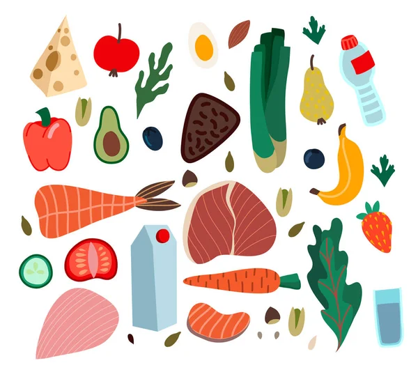 Conjunto de alimentos saudáveis, como refeição, legumes e frutas. Desenho animado vetorial ilustração plana . — Vetor de Stock