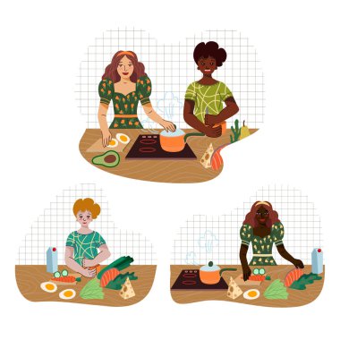 Gençler mutfakta sağlıklı ürünlerden yemek hazırlıyorlar. Vektör çizgi film düz illüstrasyon.