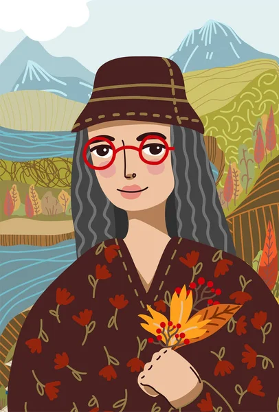 Gioconda v moderním grafickém stylu s červenými brýlemi. V jejích rukou jsou podzimní listí a štětec jehličnatých bobulí. Za ní je horská krajina jako v malebných obrazech. Mona Lisa odpočívá. — Stockový vektor