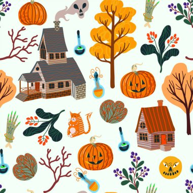 Cadılar Bayramı 'nın korkunç unsurlarıyla kusursuz bir düzen. Vektör çizgi film düz illüstrasyon.