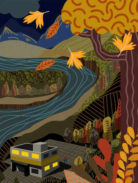 Jesienny krajobraz, który przedstawia drzewa, góry i rzekę. Budynek szkolny, widziany z góry, a może nie jest to budynek szkolny, ale biuro. — Wektor stockowy