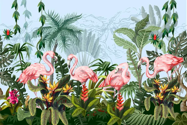 Border with pink flamingo in the jungle. Vector. — Stock Vector