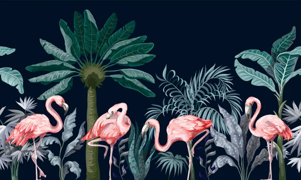Grens met roze flamingo in de jungle. Vector. — Stockvector