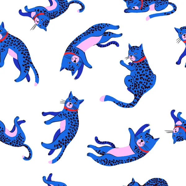 Naadloos patroon met blauwe katten of luipaarden. Vector. — Stockvector