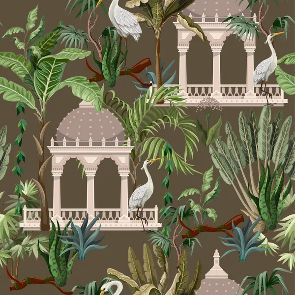 Patrón sin costuras con cenador antiguo y garzas en la selva. Vector. — Archivo Imágenes Vectoriales