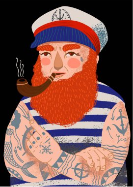 Yelek giymiş sakallı bir kaptan, ve kaptanlar şapkası takmış, kollarını göğsünde çapraz yapmış. Düz görünüyor ve siyah arka planda pipo içiyor..