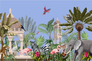 Ormandaki antik ağaçlarla ve vahşi hayvanlarla sınır. Vektör