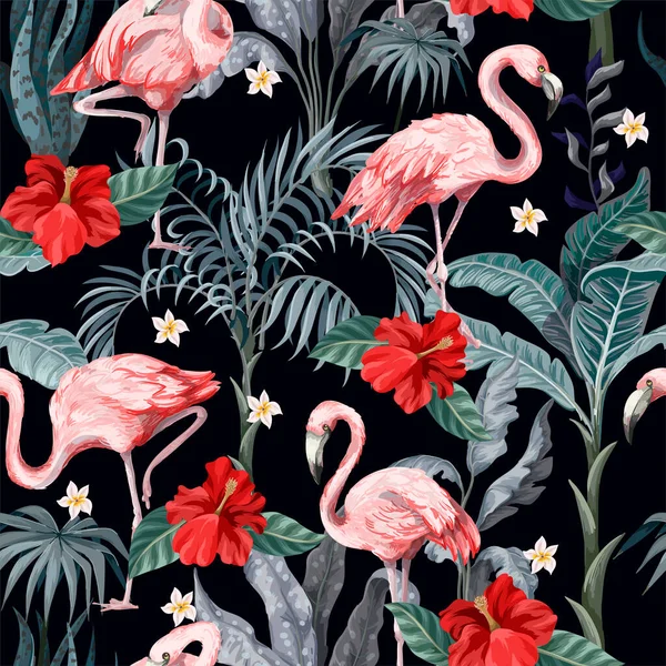 Padrão sem costura com flamingo rosa, flores e selva. Vetor . —  Vetores de Stock