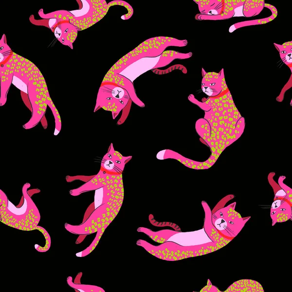 Naadloos patroon met roze katten of luipaarden. Vector. — Stockvector