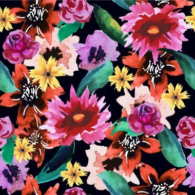 Suluboya çiçekli kusursuz desen. Modaya uygun bir tekstil tasarımı. Vektör.