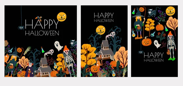 Uppsättning Halloween banner eller kort med skrämmande element. Vektor tecknad platt illustration. — Stock vektor