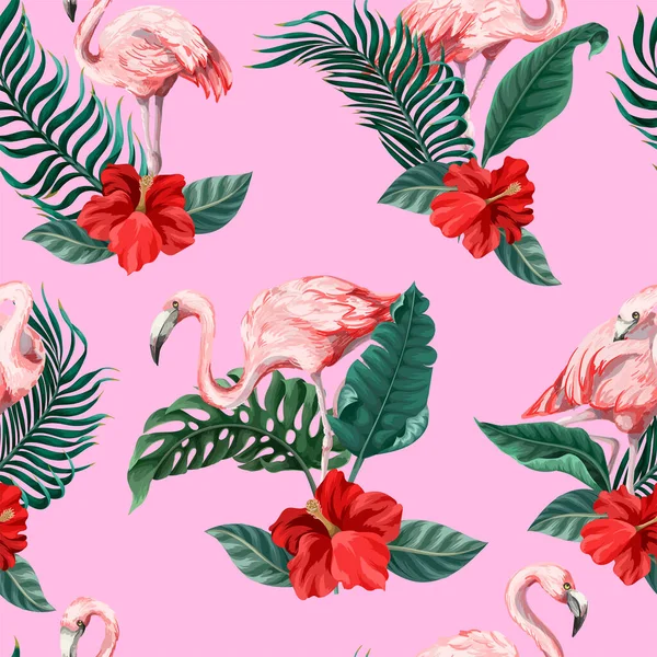 Padrão sem costura com flamingo rosa, flores e selva. Vetor . —  Vetores de Stock