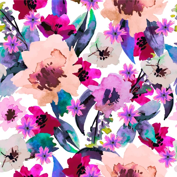 水彩の花とシームレスなパターン。トレンドの花のテキスタイルデザイン。ベクトル. — ストックベクタ