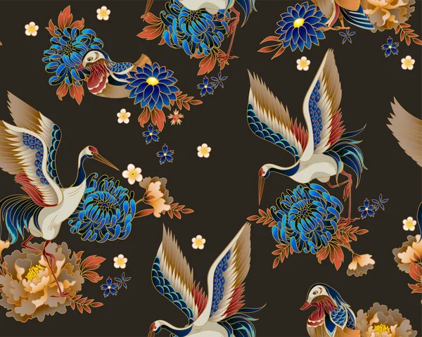 Seamless pattern with mandarin ducks, flowers and cranes. Vector. — Stock Vector