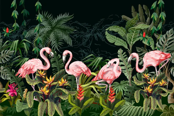 Border with pink flamingo in the jungle. Vector. — Stock Vector