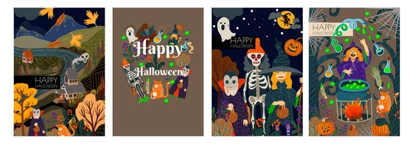 Conjunto de banner de Halloween ou cartão com elementos assustadores. Desenho animado vetorial ilustração plana . — Vetor de Stock