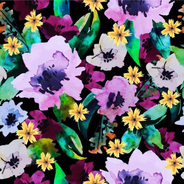 Suluboya çiçekli kusursuz desen. Modaya uygun bir tekstil tasarımı. Vektör.