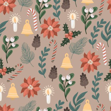 Noel dekoru ve çiçeklerle kusursuz desen. Vektör.