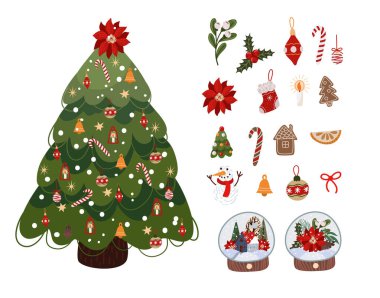 Dekorasyonlar için seçenekleri olan bir Noel ağacı. Vektör çizgi film düz illüstrasyon.