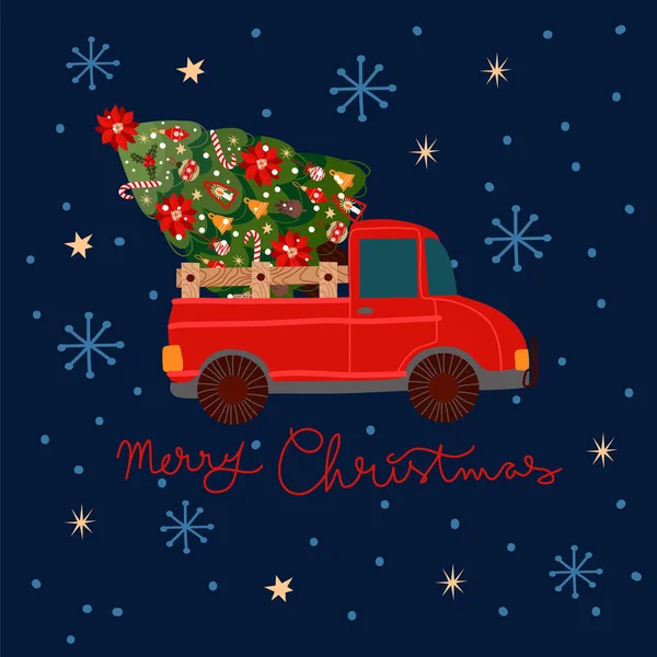 Karta świąteczna z czerwonym pickupem z choinką z tyłu. — Wektor stockowy