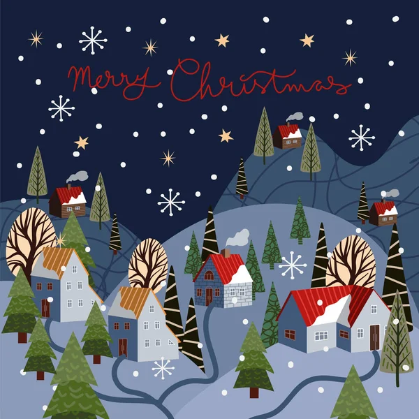 Vánoční přání s zimní horskou krajinou a domy. Plochá kreslená ilustrace. — Stockový vektor