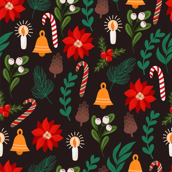 Patrón sin costuras con decoración de Navidad y flores. Vector. — Vector de stock