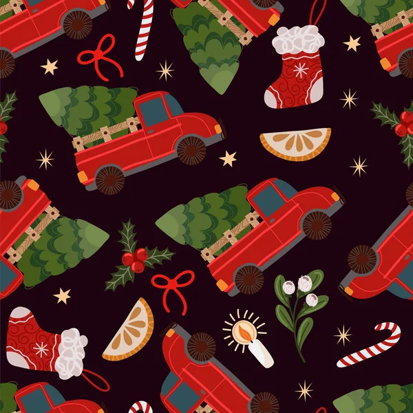 Modello senza cuciture con pick-up rosso con un albero di Natale nella parte posteriore. Illustrazione piatta del fumetto del vettore. — Vettoriale Stock