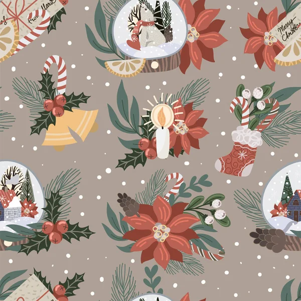 Seamless pattern with Christmas decor and flowers. Vector. — Stock Vector