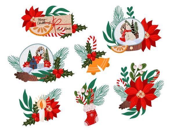 Christmas decor such as fir branch, glass ball, poinsettia, pine cones and more. Vector flat illustration. — Stock Vector