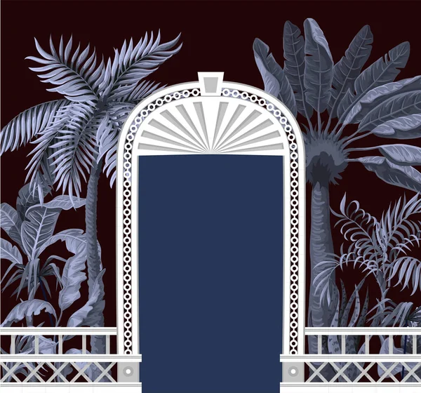 Fronteira com árvores tropicais e aberturas de portas em estilo jardim. Impressão interior na moda. —  Vetores de Stock