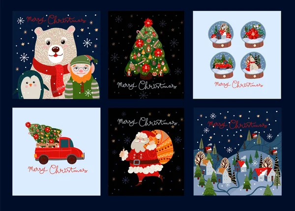 Συλλογή χριστουγεννιάτικων καρτών με απλές χαριτωμένες εικονογραφήσεις πολικής αρκούδας, Santa Claus και διακόσμηση διακοπών. Διάνυσμα. — Διανυσματικό Αρχείο