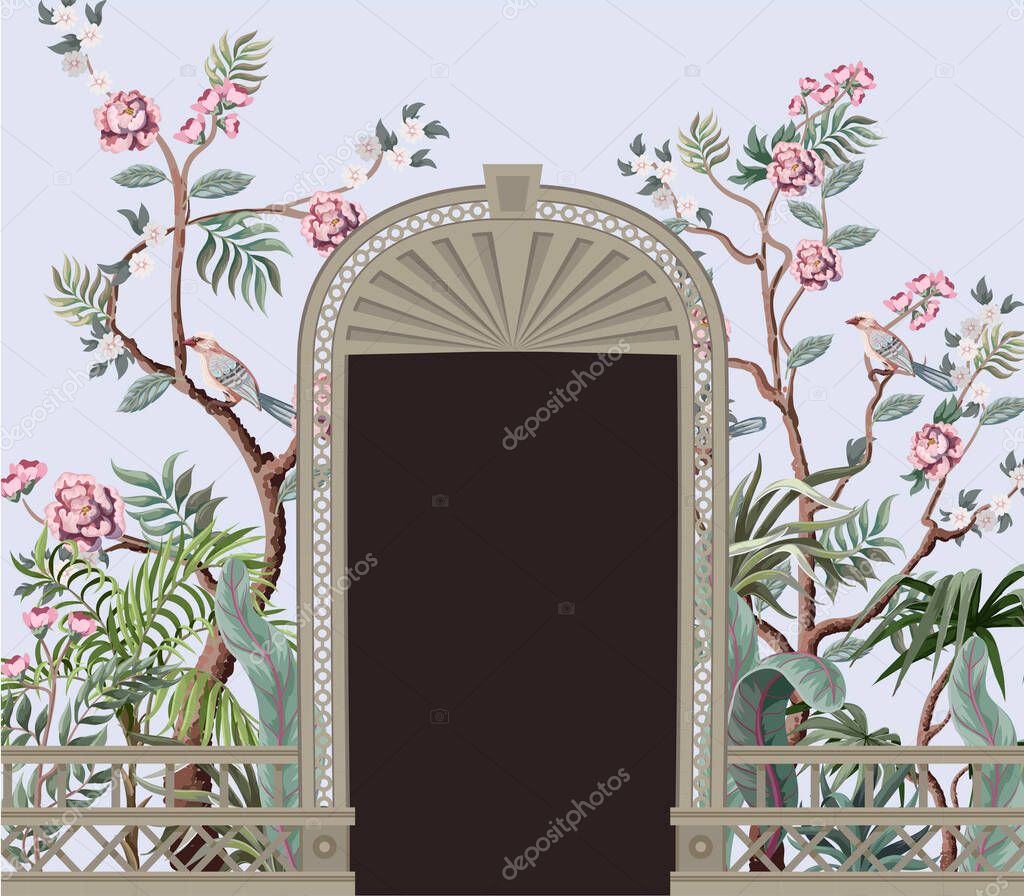 Border with peonyl trees, bird and door openings in chinoiserie style. Trendy interior print