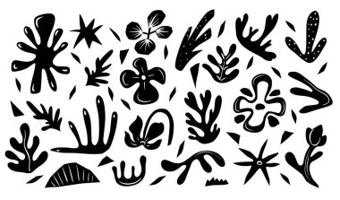 Şekiller, kuşlar ve bitkiler içeren tek renkli soyut elementler. Vektör.