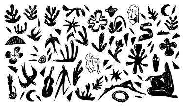 Şekiller, kuşlar ve bitkiler içeren tek renkli soyut elementler. Vektör.