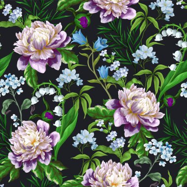 Şakayık zambakları ve bahar çiçekleriyle kusursuz vektör deseni.